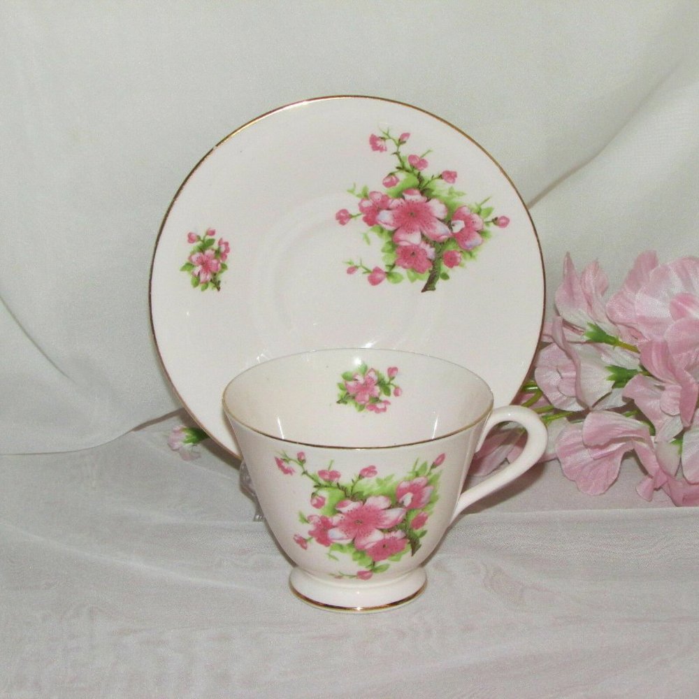 Pretty Pink Bone China Teacup & Saucer Tuscan Plant Vintage England Cottagecore